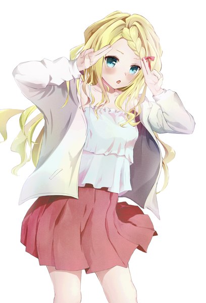 Anime picture 3533x5193 with ayakashi triangle tsukioka lucy kurony (sirony) single long hair tall image blush highres open mouth blue eyes simple background blonde hair white background absurdres pleated skirt :o girl skirt red skirt