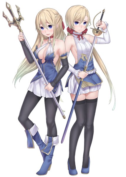 Anime picture 714x1000 with original ray-akila long hair tall image blush breasts open mouth blue eyes blonde hair white background bare shoulders multiple girls girl thighhighs weapon black thighhighs 2 girls detached sleeves white thighhighs sword