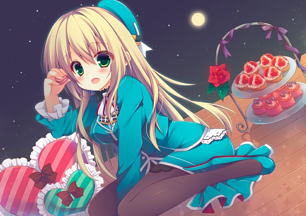 Anime picture 1012x716 with kantai collection atago heavy cruiser izumiyuhina single long hair looking at viewer blush open mouth blonde hair green eyes girl dress bow food heart sweets beret