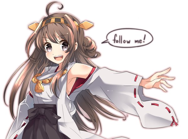 Anime picture 1389x1034 with kantai collection kongou battleship supuringe single long hair blush open mouth simple background brown hair white background looking away ahoge traditional clothes japanese clothes inscription nontraditional miko girl detached sleeves speech bubble