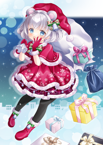 Anime picture 2508x3541 with original hajime yo single tall image looking at viewer blush fringe highres short hair open mouth blue eyes animal ears silver hair full body loli christmas hair bell snowflake print girl gloves