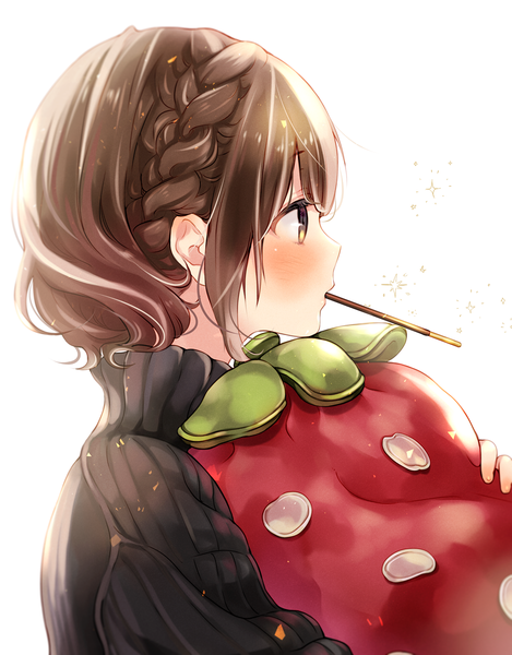 Anime picture 914x1169 with original kuga tsukasa single tall image blush short hair simple background brown hair white background holding brown eyes looking away upper body braid (braids) profile sparkle mouth hold food in mouth pocky day girl