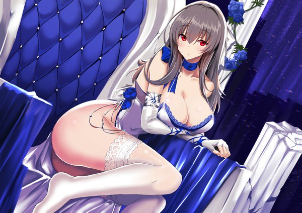 Anime picture 1500x1061 with azur lane saint-louis (azur lane) saint-louis (brilliant paladin) (azur lane) minato yoshihiro single long hair looking at viewer blush fringe breasts light erotic hair between eyes red eyes large breasts sitting bare shoulders cleavage bent knee (knees) ass head tilt