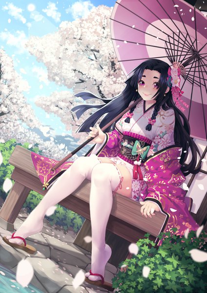 Anime picture 2894x4093 with sengoku fubu mochirong single long hair tall image looking at viewer blush highres black hair smile sitting purple eyes holding sky cloud (clouds) full body outdoors braid (braids) traditional clothes japanese clothes