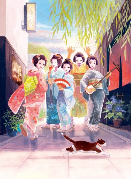 Аниме картинка 662x900 с оригинальное изображение yuuko (nora0x0) высокое изображение смотрит на зрителя короткие волосы открытый рот чёрные волосы улыбка стоя несколько девушек держать карие глаза небо облако (облака) всё тело на улице традиционная одежда :d японская одежда оглядывается