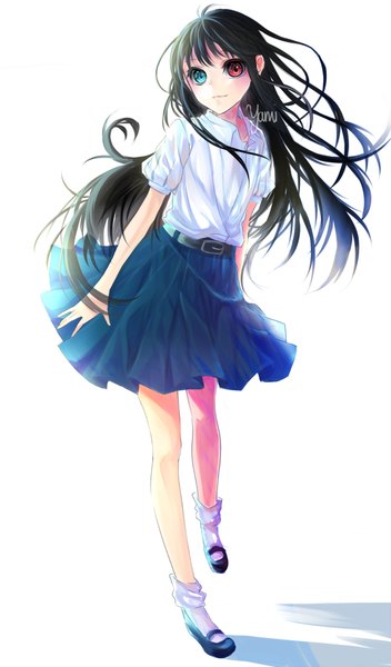 Anime picture 600x1020 with original bellezza felutia yamicchi single long hair tall image looking at viewer blue eyes black hair simple background red eyes white background puffy sleeves heterochromia otoko no ko boy skirt shirt socks shoes