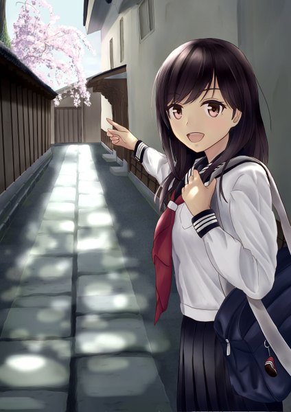 Anime picture 1024x1449 with original yukimaru217 single long hair tall image looking at viewer fringe open mouth brown hair holding brown eyes :d pleated skirt sunlight cherry blossoms outstretched arm happy pointing spring girl