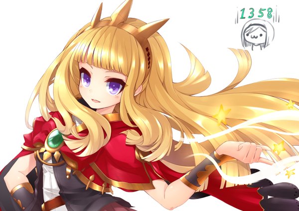 Anime picture 1771x1254 with granblue fantasy cagliostro (granblue fantasy) wasanbon (atwazooka) single long hair blush fringe highres simple background blonde hair white background purple eyes girl cape clothes