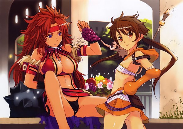 Anime picture 3356x2373 with queen's blade nowa ruu (queen's blade) long hair looking at viewer highres breasts light erotic smile red eyes brown hair large breasts sitting multiple girls cleavage hand on hip flat chest girl underwear panties