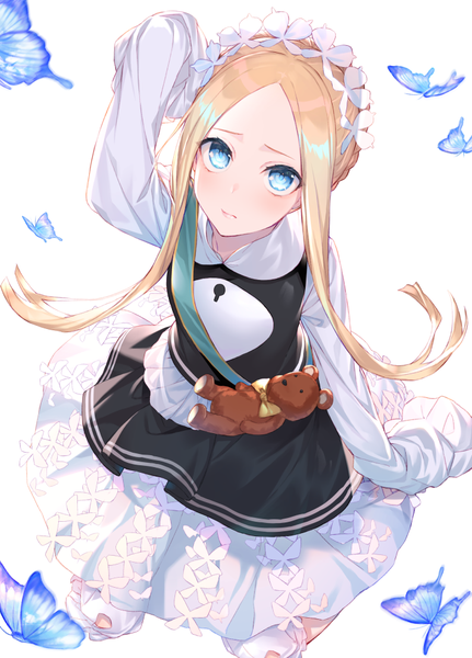 Anime picture 711x990 with fate (series) fate/grand order abigail williams (fate) hakuishi aoi single long hair tall image looking at viewer blush blue eyes simple background blonde hair white background sitting payot braid (braids) long sleeves arm up from above arm support