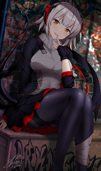 Anime-Bild 753x1275 mit arknights w (arknights) sheita single tall image looking at viewer fringe short hair breasts open mouth smile large breasts sitting signed yellow eyes silver hair ahoge bent knee (knees) tail blunt bangs