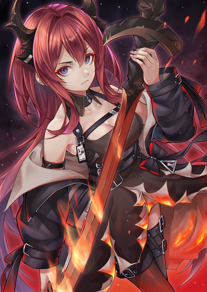 Anime picture 2894x4093 with arknights surtr (arknights) noro assumed single long hair tall image looking at viewer fringe highres breasts hair between eyes standing purple eyes holding cleavage red hair horn (horns) off shoulder open jacket serious