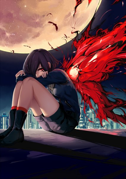 Anime picture 1000x1413 with tokyo ghoul studio pierrot kirishima touka yomi yasou single tall image looking at viewer fringe short hair black hair red eyes sitting hair over one eye night shadow city light crossed arms cityscape glow