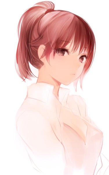 Anime picture 540x861 with original lpip single tall image looking at viewer fringe short hair simple background brown hair white background brown eyes cleavage upper body ponytail portrait girl shirt white shirt hair tie