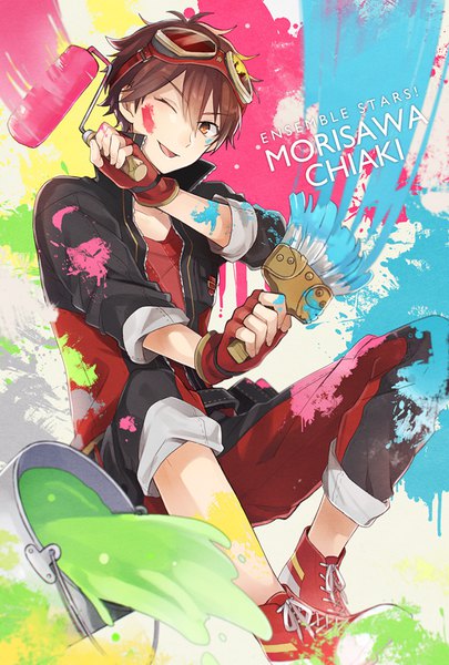 Anime picture 676x1000 with ensemble stars! morisawa chiaki tama (songe) single tall image looking at viewer fringe short hair open mouth hair between eyes brown hair brown eyes one eye closed wink copyright name character names goggles on head boy gloves shoes