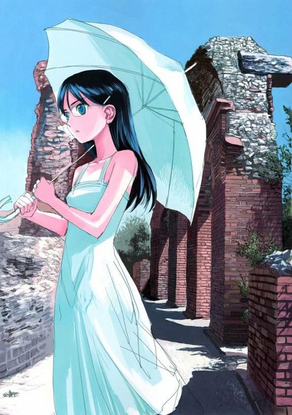 Anime picture 576x818 with gunslinger girl madhouse claes single long hair tall image breasts blue eyes black hair bare shoulders sky ruins girl dress hair ornament glasses hairclip umbrella blue dress