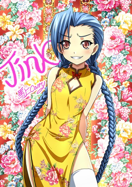 Anime picture 990x1400 with league of legends jinx (league of legends) shirong lan single tall image blush smile red eyes blue hair braid (braids) very long hair twin braids chinese clothes girl thighhighs white thighhighs chinese dress