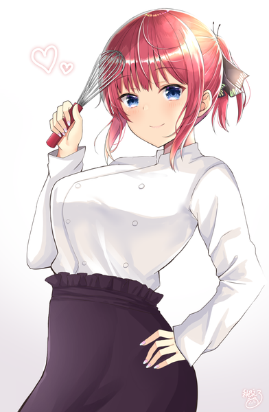 Anime picture 1000x1530 with go-toubun no hanayome nakano nino akino ell single tall image looking at viewer blush fringe short hair breasts blue eyes simple background smile standing holding signed payot upper body ponytail red hair