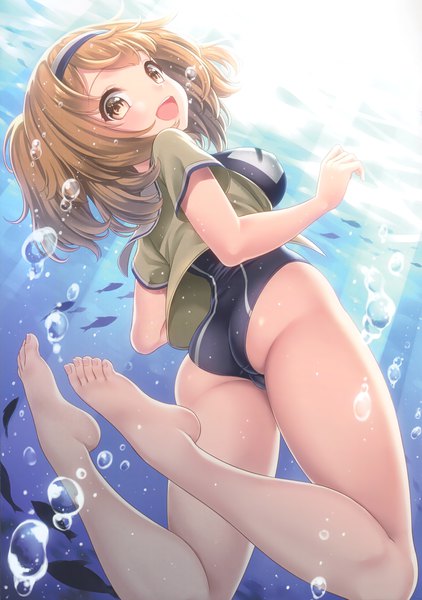 Anime picture 2109x3000 with kantai collection i-26 (kantai collection) kase daiki single tall image blush highres short hair open mouth light erotic brown hair brown eyes ass looking back barefoot scan bare legs underwater girl swimsuit