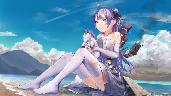 Anime picture 3600x2025 with azur lane unicorn (azur lane) shi niao single long hair looking at viewer fringe highres light erotic wide image sitting purple eyes bare shoulders holding payot absurdres sky purple hair cloud (clouds) full body