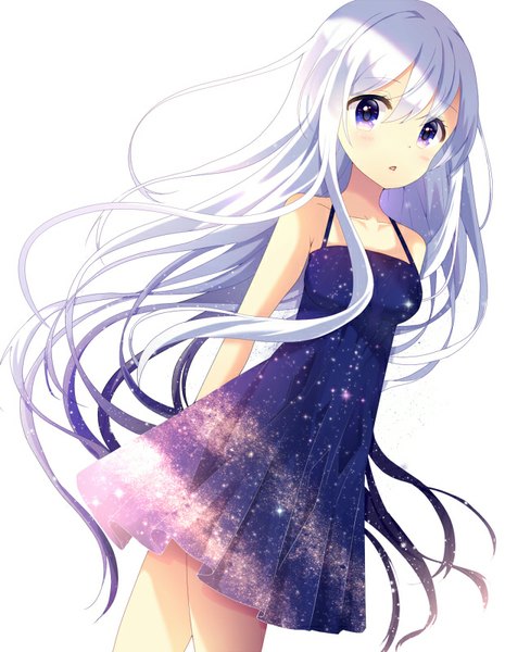 Anime picture 620x800 with original natsume3304 single tall image looking at viewer blush fringe simple background white background purple eyes purple hair white hair very long hair parted lips multicolored hair shadow gradient hair hands behind back walking starry sky print