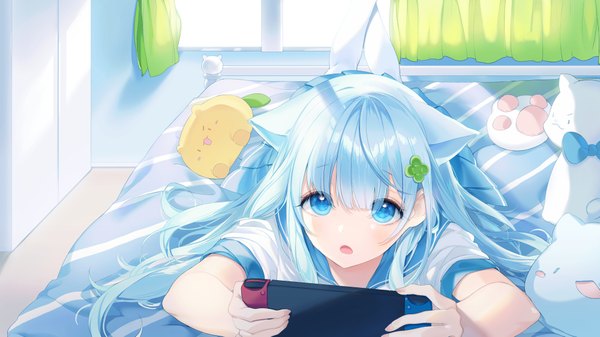 Anime picture 2000x1125 with original nintendo a20 (atsumaru) single long hair looking at viewer blush fringe highres open mouth blue eyes hair between eyes wide image holding blue hair lying pleated skirt on stomach playing games girls playing games