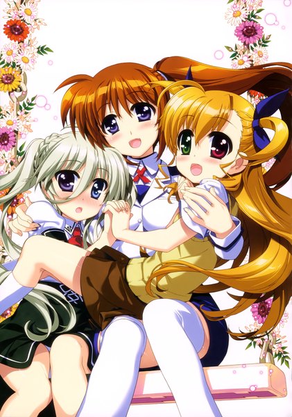 Anime picture 2875x4099 with mahou shoujo lyrical nanoha takamachi nanoha takamachi vivio einhart stratos fujima takuya long hair tall image blush highres open mouth blue eyes blonde hair sitting twintails multiple girls white hair ponytail scan orange hair loli