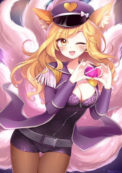 Anime picture 842x1191 with league of legends ahri (league of legends) popstar ahri (league of legends) moorina single long hair tall image looking at viewer fringe breasts open mouth light erotic blonde hair smile hair between eyes large breasts signed cleavage tail long sleeves