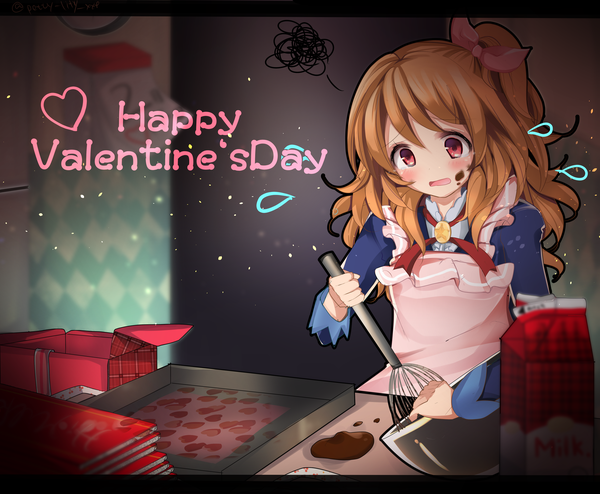 Anime picture 4670x3849 with tagme (copyright) tagme (character) kabako (lilypicture410v) single long hair blush highres red eyes brown hair signed absurdres blurry one side up looking down letterboxed valentine cooking girl heart apron