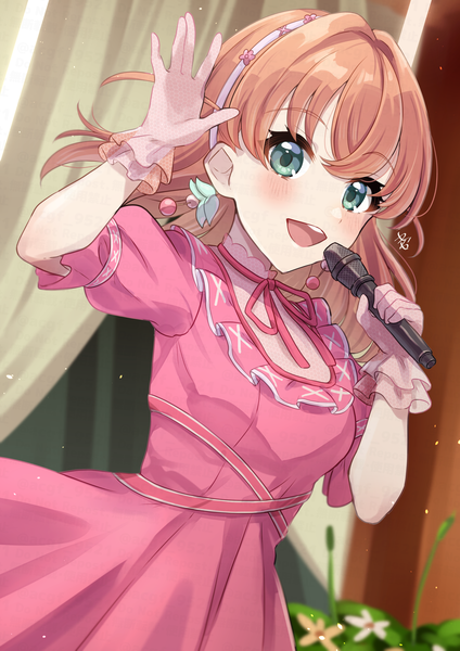 Anime picture 2829x4000 with link! like! love live! sunrise (studio) love live! hinoshita kaho kyaku tatsu single tall image looking at viewer blush fringe highres short hair open mouth smile hair between eyes brown hair standing holding green eyes :d