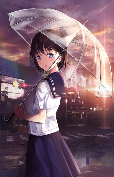 Anime picture 1139x1771 with original untue single tall image looking at viewer blush fringe short hair open mouth blue eyes brown hair holding sky cloud (clouds) pleated skirt sunlight mole mole under eye turning head city