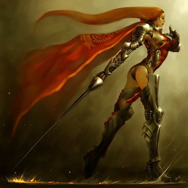 Anime picture 1600x1600 with alien1452 single long hair highres light erotic simple background ass profile orange hair girl thighhighs weapon sword armor cape cloak