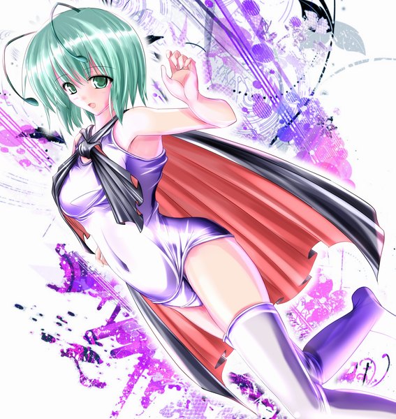 イラスト 1323x1400 と 東方 リグル・ナイトバグ ソロ 長身像 短い髪 開いた口 light erotic 緑の目 green hair insect girl 女の子 ストッキング 白いストッキング