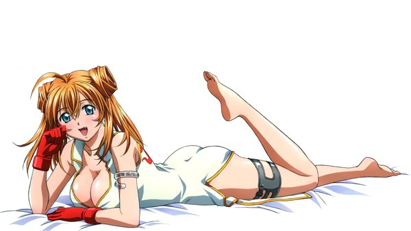 Anime picture 4000x2250 with ikkitousen sonsaku hakufu single long hair looking at viewer blush highres breasts open mouth light erotic simple background blonde hair wide image white background bare shoulders green eyes absurdres ahoge lying barefoot