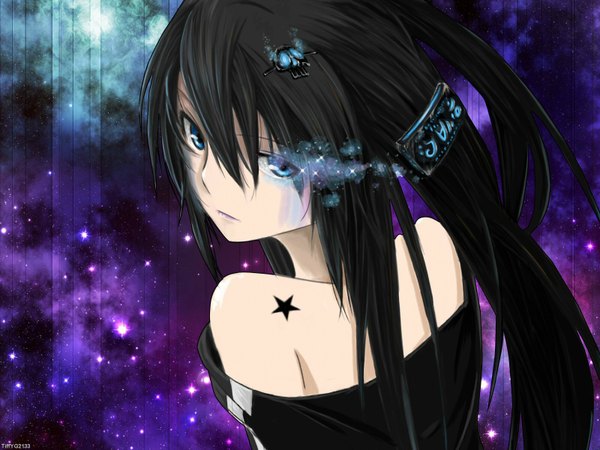 Anime picture 1600x1200 with black rock shooter vocaloid tagme (artist) long hair blue eyes black hair looking back girl star (symbol) skull