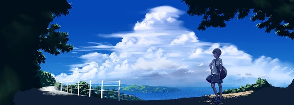Anime picture 1920x691 with original ehh single fringe short hair wide image standing sky cloud (clouds) profile shadow hand on hip horizon girl skirt plant (plants) shirt tree (trees) water sea