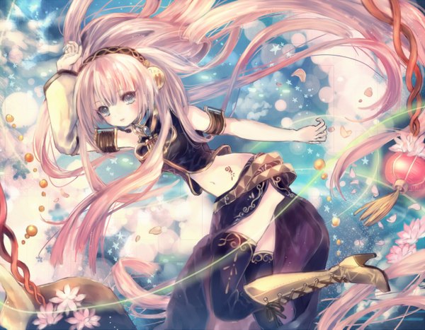 Anime picture 1600x1247 with vocaloid megurine luka onineko single long hair blue eyes pink hair girl thighhighs flower (flowers) black thighhighs detached sleeves petals boots