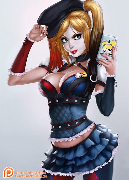 Anime picture 719x1000 with batman dc comics harley queen dandon fuga single tall image short hair breasts blue eyes light erotic black hair simple background blonde hair large breasts twintails red hair nail polish multicolored hair fingernails lips