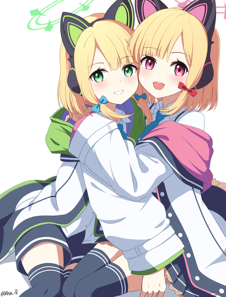 Anime-Bild 1580x2080 mit blue archive momoi (blue archive) midori (blue archive) reia 76 tall image looking at viewer short hair open mouth simple background blonde hair smile white background multiple girls green eyes signed :d pink eyes hug twitter username grin