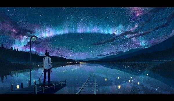 Anime-Bild 1200x700 mit original megatruh single short hair black hair wide image standing sky cloud (clouds) night night sky back reflection letterboxed mountain boy star (stars) pants lamp railroad tracks