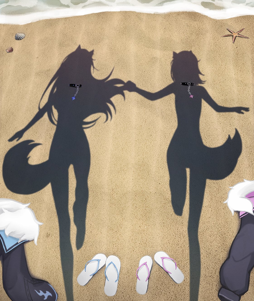 Anime picture 1121x1328 with virtual youtuber hololive hololive english mococo abyssgard fuwawa abyssgard myth1carts long hair tall image short hair light erotic standing multiple girls holding animal ears outdoors tail animal tail shadow beach standing on one leg
