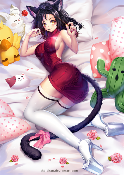 Anime picture 930x1316 with final fantasy final fantasy xiv square enix miqo'te moogle chocobo cactuar riiya (mabong1989) single long hair tall image looking at viewer blush fringe breasts light erotic black hair smile large breasts holding