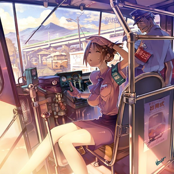 Anime picture 800x800 with original vania600 short hair open mouth brown hair sitting eyes closed girl boy skirt gloves uniform peaked cap train