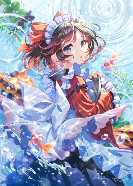 Anime picture 1191x1670 with original morikura en single tall image looking at viewer fringe short hair open mouth blue eyes brown hair holding signed ahoge traditional clothes japanese clothes wide sleeves :o turning head ripples wa maid