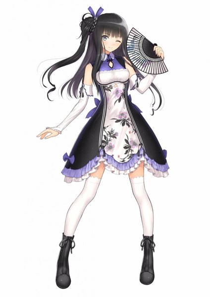 Anime picture 800x1131 with original tony taka single long hair tall image looking at viewer blush fringe breasts black hair simple background standing white background holding full body braid (braids) one eye closed wink grey eyes hair bun (hair buns)