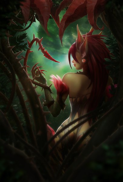 Anime picture 1600x2365 with league of legends zyra (league of legends) single long hair tall image fringe light erotic animal ears red hair fingernails pointy ears tattoo back long fingernails extra ears girl plant (plants) earrings thorns
