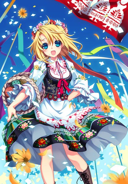 Anime picture 694x1000 with original riv single tall image looking at viewer blush short hair open mouth blue eyes blonde hair girl dress flower (flowers) petals boots wreath