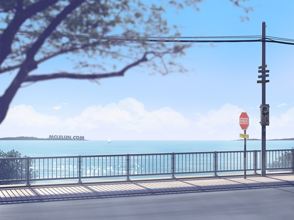 Anime-Bild 1280x960 mit original mclelun signed sky cloud (clouds) shadow depth of field horizon no people seaside plant (plants) tree (trees) sea fence railing watercraft power lines road ship traffic sign