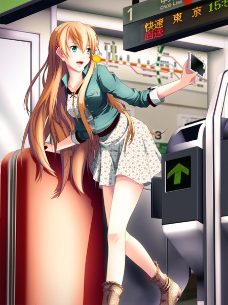 Anime picture 1000x1333 with eiyuu densetsu alisa leinfort tinybiard single long hair tall image open mouth blonde hair holding green eyes inscription open clothes open jacket leaning leaning forward outstretched arm floral print girl dress jacket
