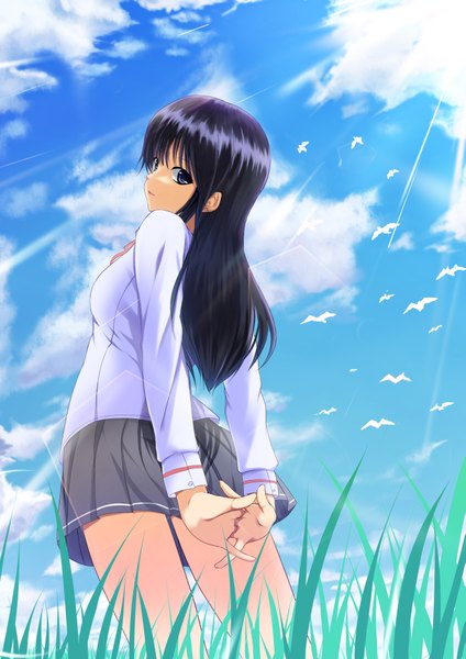 Anime picture 2893x4092 with original natukaze single long hair tall image highres blue eyes black hair sky cloud (clouds) looking back girl animal bird (birds)